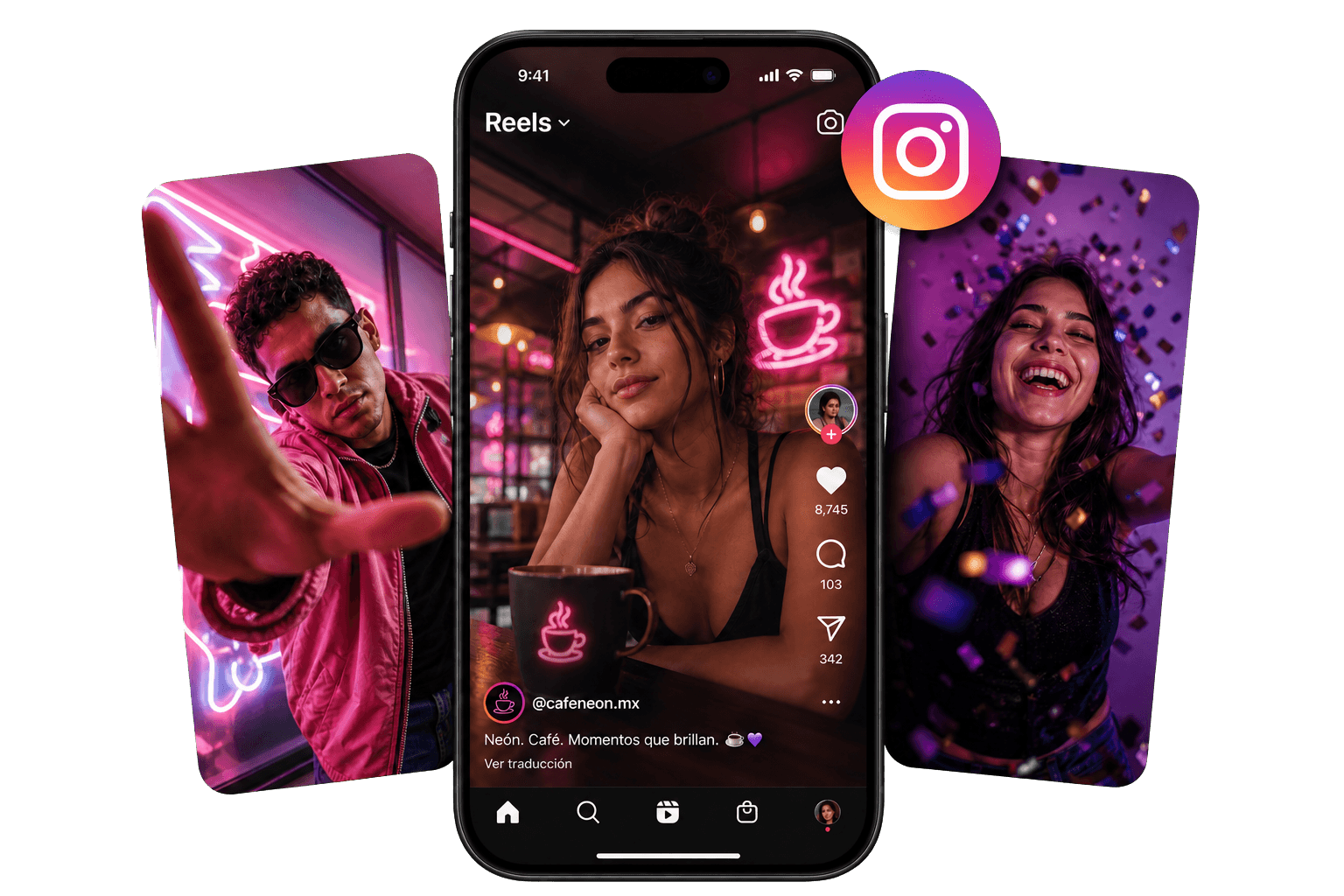 Reels de Instagram en un teléfono, con contenido de marca y el logo de la app