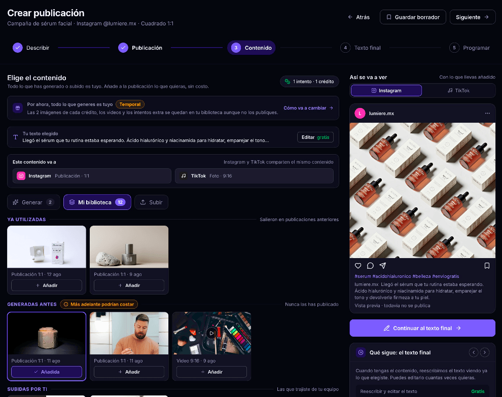 Panel de NeoViral para crear y elegir contenido en Instagram y TikTok
